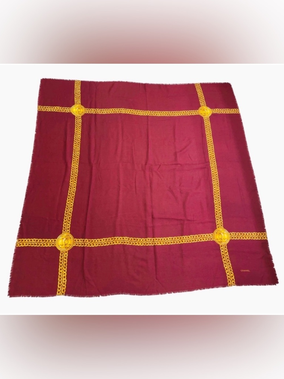CHANEL Vintage Rare Burgundy Signature CC Logo Medallion Wool Silk Large Scarf